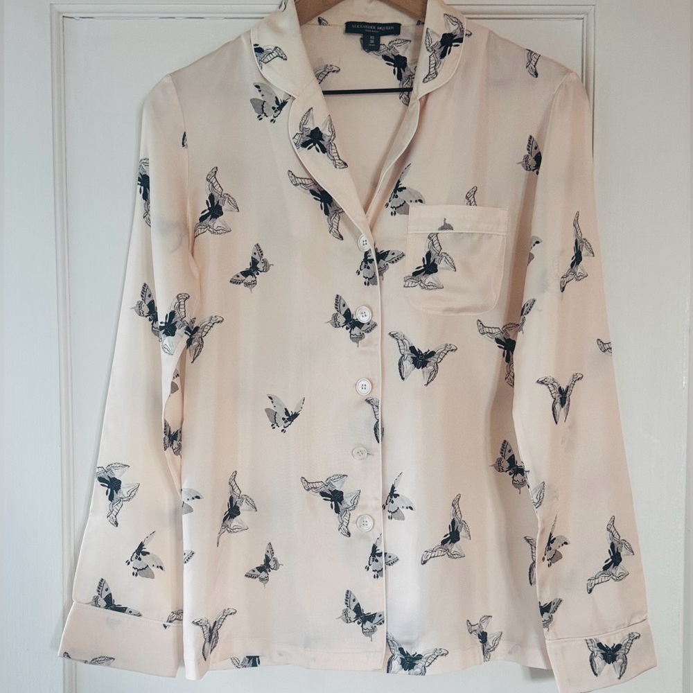 Alexander McQueen Cream Pajama Set with Black Bird Design